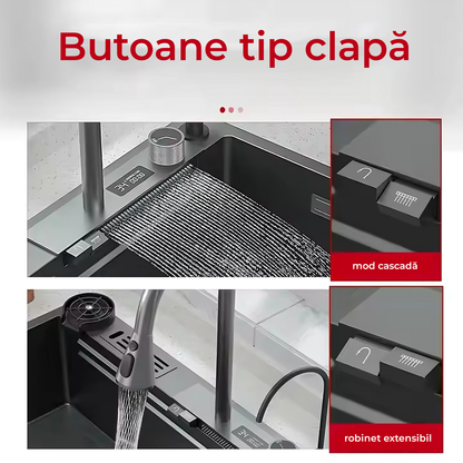 Chiuvetă Bucătărie Multifuncțională 7546HMSF – Gri Gun Metal, Cu Tocător, Dozator și Afișaj Digital