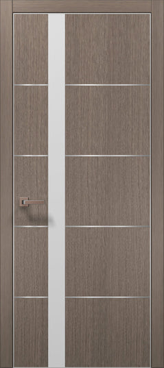 Ușă de interior PL-12 – eleganță geometrică cu sticlă aplicată și inserții din aluminiu
