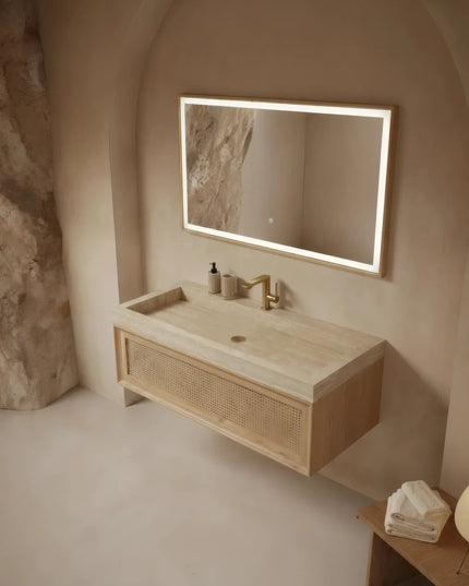 Set Mobilier Baie din Lemn Natur cu Oglindă LED – Design Modern & Premium