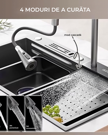 Chiuvetă Bucătărie Multifuncțională 7546HMSF – Gri Gun Metal, Cu Tocător, Dozator și Afișaj Digital