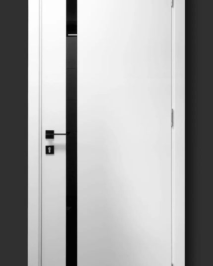 Ușă interior City White Silk Mat – cu sticlă neagră aplicată și toc reglabil, complet echipată