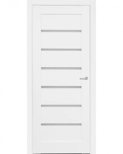 Ușă interior Mira alba cu sticla mata-model modern cu toc reglabil, complet echipată