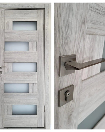 Ușă interior Rino 16 Shalet Oak – complet echipată, cu sticlă verticală și toc reglabil