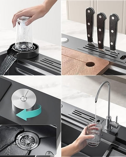 Chiuvetă Bucătărie Multifuncțională 7546HMSF – Gri Gun Metal, Cu Tocător, Dozator și Afișaj Digital