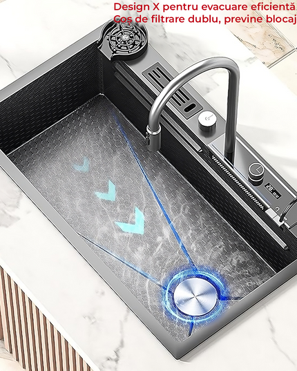 Chiuvetă Bucătărie Multifuncțională 7546HMSF – Gri Gun Metal, Cu Tocător, Dozator și Afișaj Digital