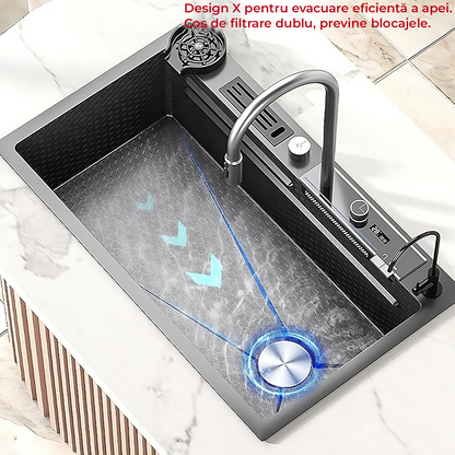 Chiuvetă Bucătărie Multifuncțională 7546HMSF – Gri Gun Metal, Cu Tocător, Dozator și Afișaj Digital
