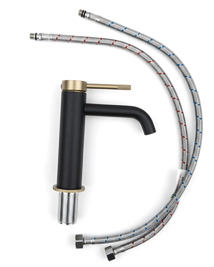 Baterie lavoar cu mâner și bază zimțate – negru mat si auriu periat